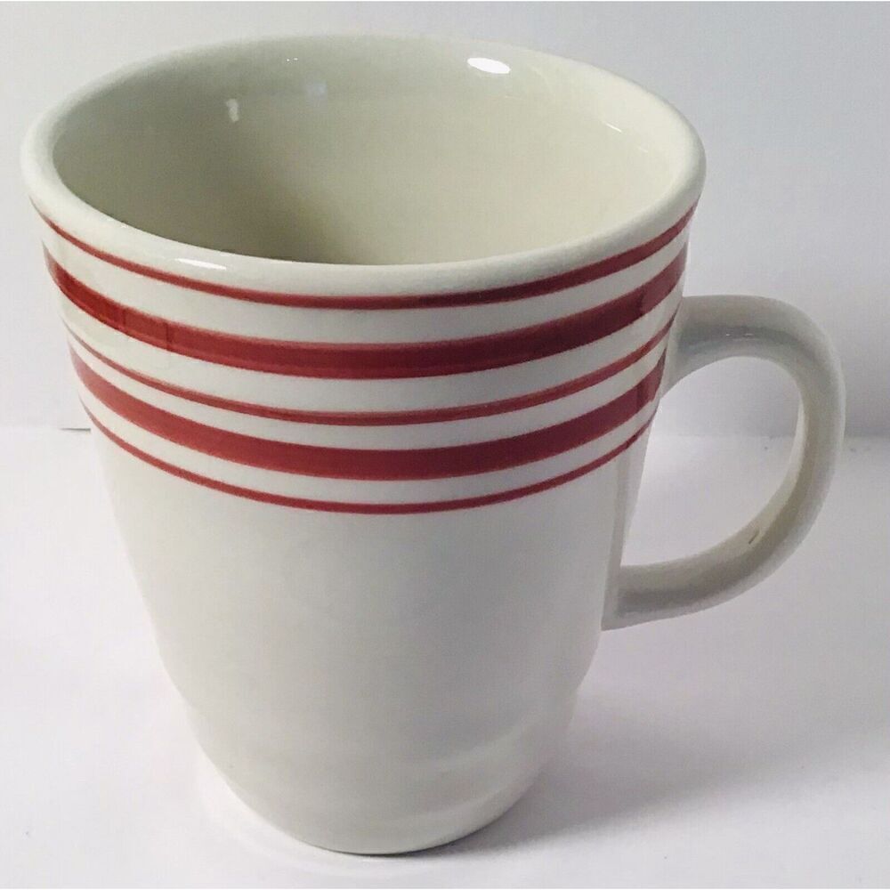 Gibson Everyday Red Stipe 10 oz. Coffee Mug Ceramic Cup Beige